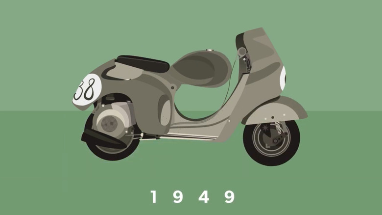An animated drawing of the Vespa Super Sport, on a green striped background.