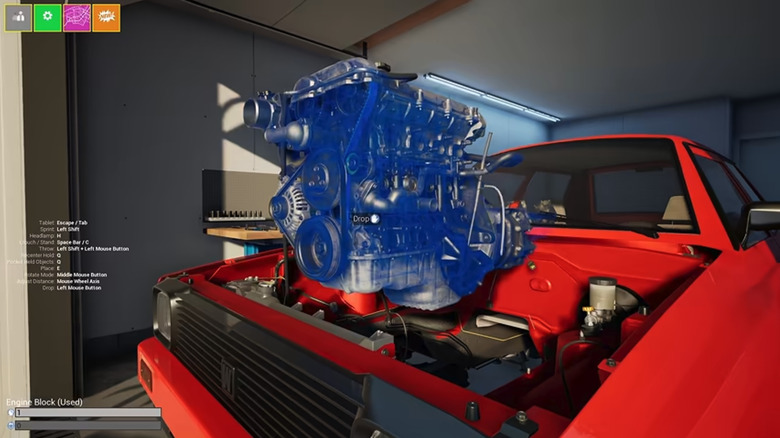 The engine of the red '90s-looking Honda being lifted out of the engine bay, highlighted in a blue color in a gaming garage.