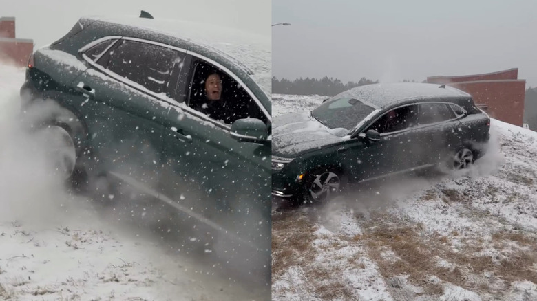 A side-by-side screenshot of the green VF8 spinning up its wheels and making smoke on an icy hill with snow falling