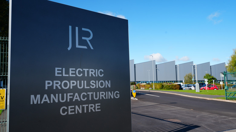 A general view of the JLR signage outside the Jaguar Land Rover electric propulsion manufacturing centre on September 30, 2025 in Wolverhampton, United Kingdom.