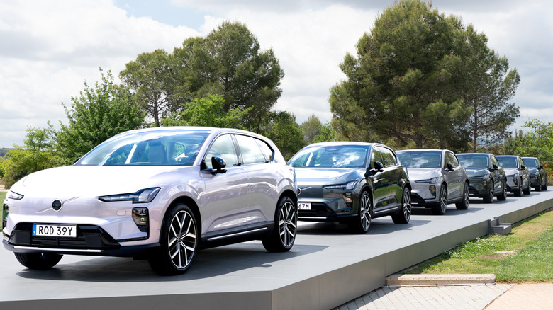 front three-quarters shot of a row of Volvo EX60s parked outside on a gray stage that's on grass in front of trees