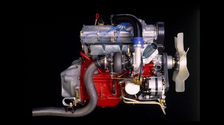 A Volvo 240, B21ET "Redblock" engine on display