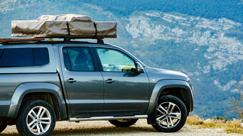 Pickup with camping gear on roof