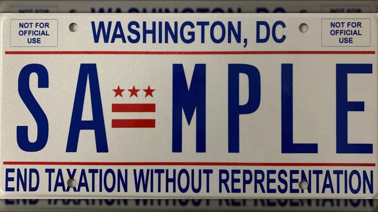 Washington D.C. license plate with "taxation without representation" slogan