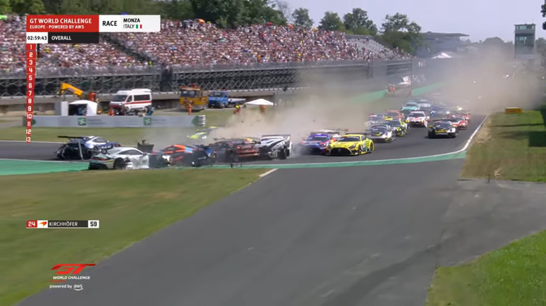 Mid-crash at the GT World Challenge Europe race at Monza as the field crashes into turn one.