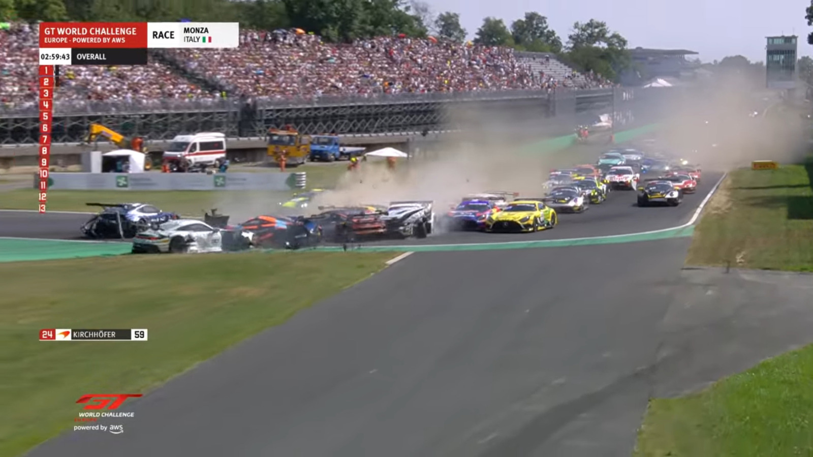 Watch An Extraordinary Cluster Of A Crash Take Out Nearly A Dozen GT Race Cars Before The First Turn At Monza