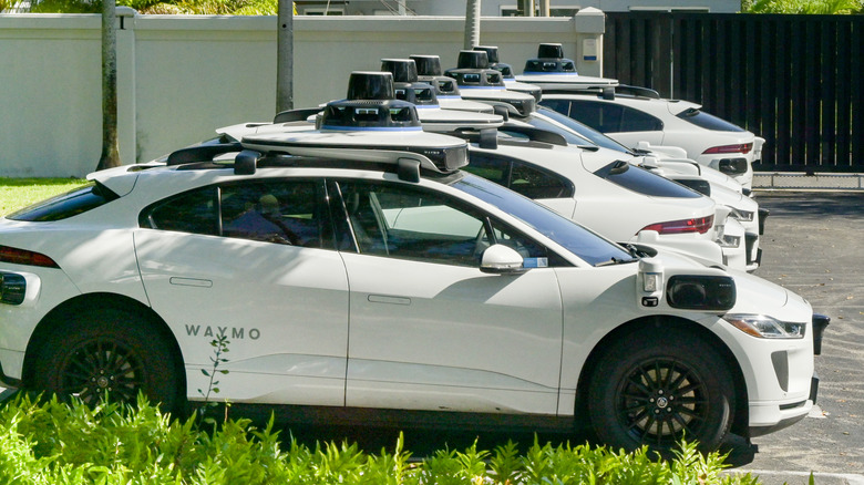 Row of self-hail autonomous driving taxi cabs owned and operated by Waymo.