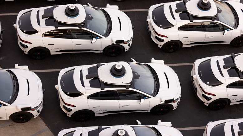 An aerial view of Waymo cars parked in San Francisco.