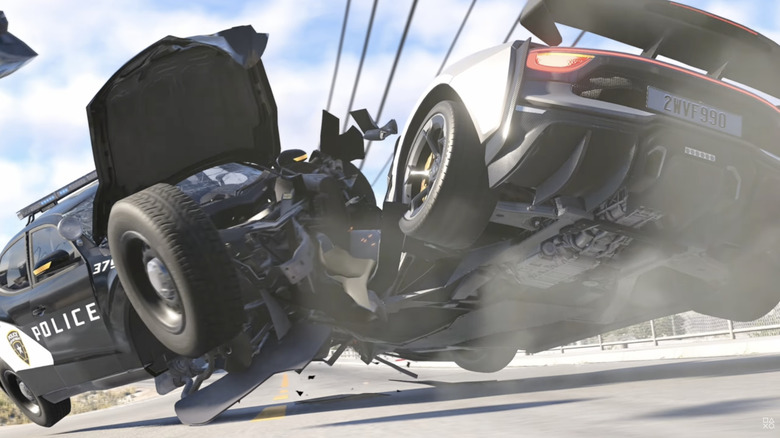 A supercar smashing into a police car in BeamNG.drive.