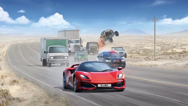 A red supercar leads a convoy of diverse vehicles through the desert in BeamNG.drive.