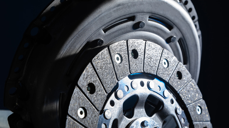 Close-up of a clutch plate and assembly for a vehicle.