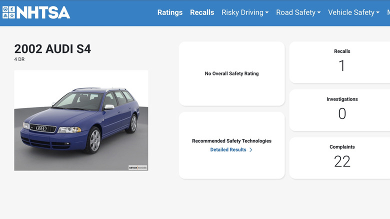 Checking for recalls on a 2002 Audi S4, with a blue avant wagon version pictured.