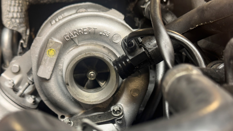 A close-up of a high-quality, Garrett turbocharger