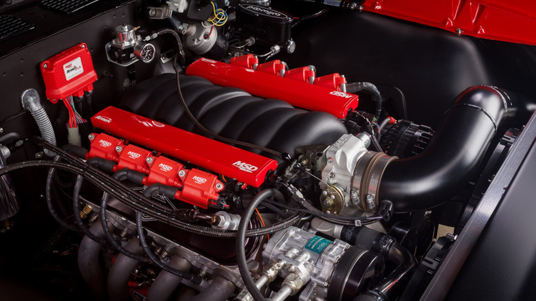 A modified GM LS2 V-8 in the bay of a muscle car.