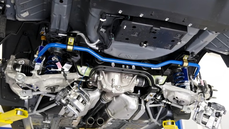 The underside of a Ford Mustang with independent rear suspension