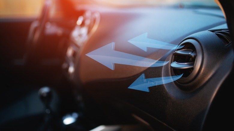 A car's A/C with blue arrows showing the direction of airflow