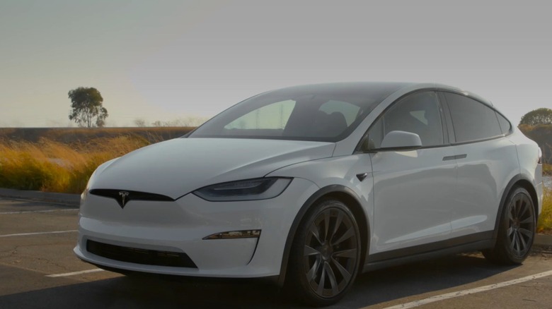 A white Tesla Model X in a parking lot
