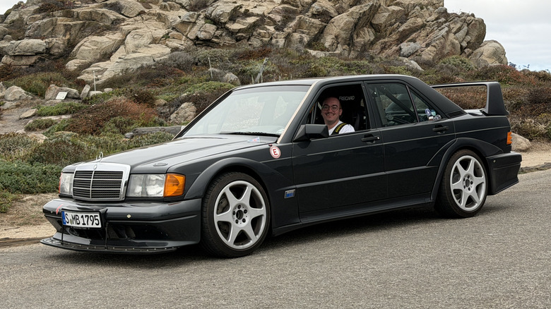 Front 3/4 view of a gray Mercedes-Benz 190E Evo II race car