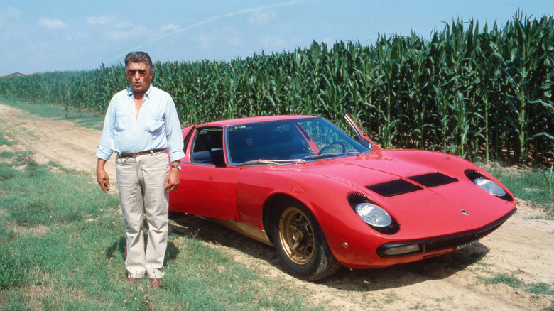 Italian engineer and car designer Ferruccio Lamborghini with his car at his vineyard at Perugia, Italy 1991. (Photo by Wolfgang Kuhn/United Archives via Getty Images)