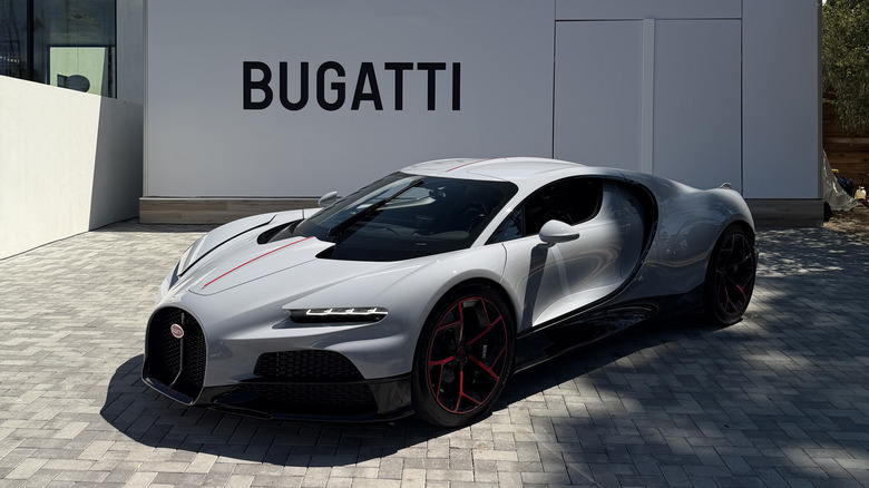 Front 3/4 view of a grey Bugatti Tourbillon