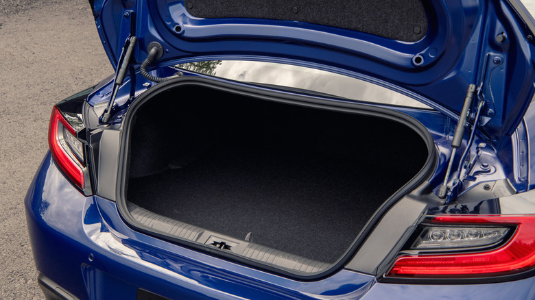 Open trunk of a blue Toyota GR86