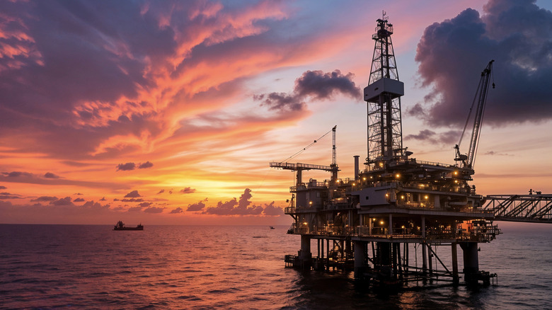 An operating offshore oil rig at dusk, with colorful skies, scattered clouds, and calm seas.
