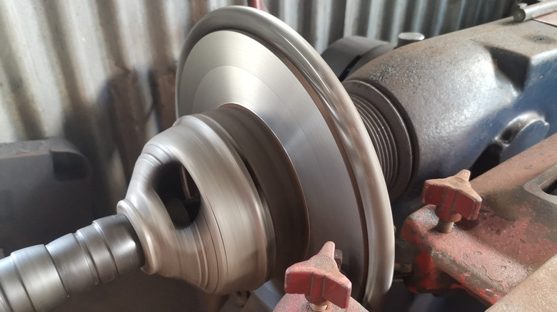 Resurfacing a brake rotor on a lathe