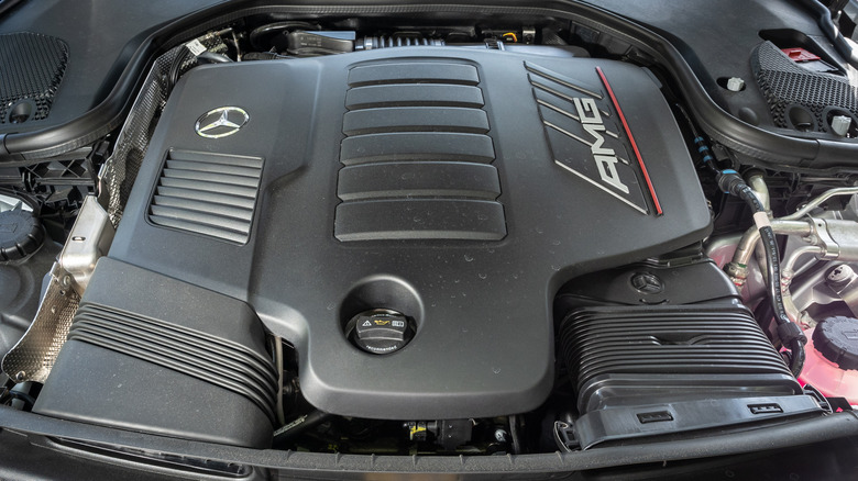 A close-up of an engine cover of the 2022 Mercedes E53 M256 engine.