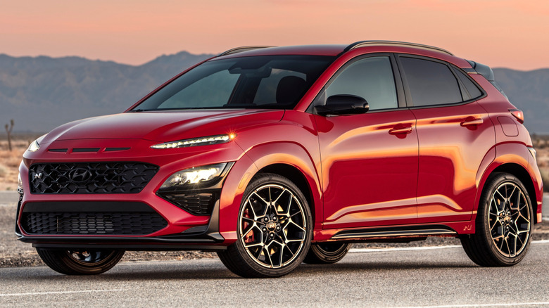 Front 3/4 view of a red Hyundai Kona N