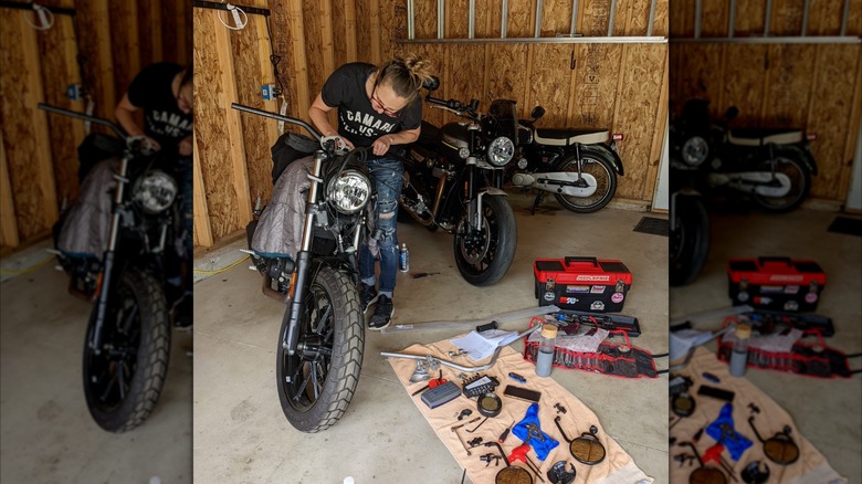 Myself working on swapping the handlebar on my 2017 Ducati Scrambler Sixty2.