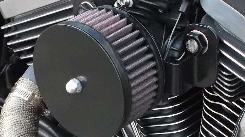 A close up of a Harley-Davidson motorcycle engine with a breather bolt visible