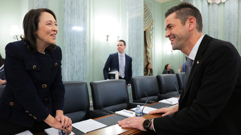 Jared Isaacman speaks with Senator Maria Cantwell (D-WA) at his Senate confirmation hearing