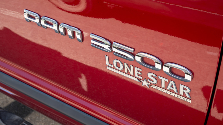 A red Dodge Ram 3500 with a Lone Star special edtion badging