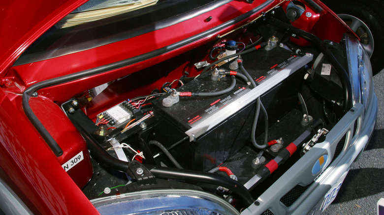 A battery pack in the hood of an EV