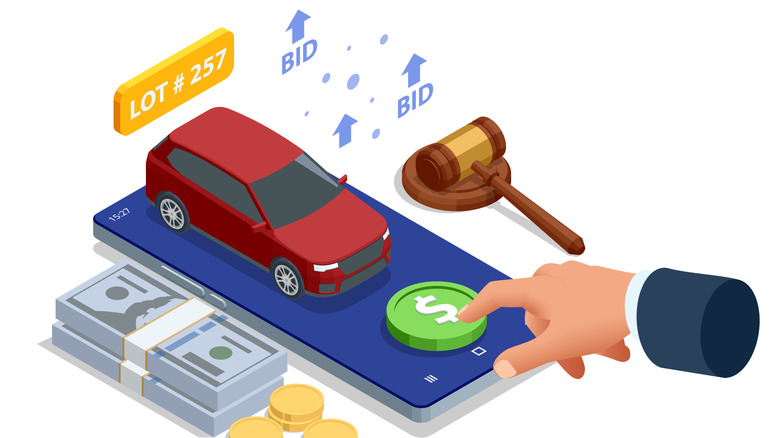 An illustration depicting bids being placed for a vehicle auction.