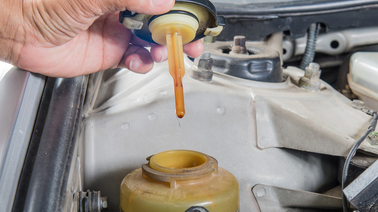 A person checking a car's power steering fluid level