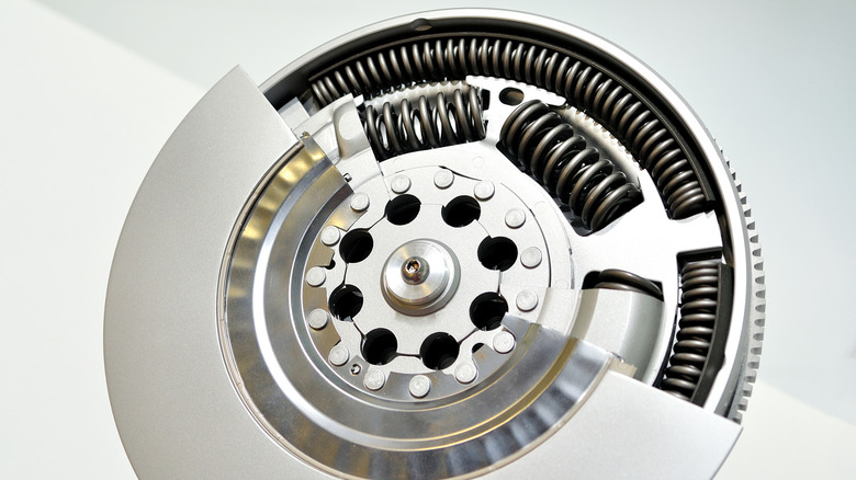 A cutaway showing the internal springs that connect the two masses inside a dual-mass flywheel