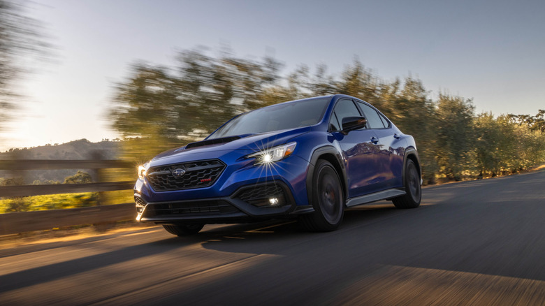 A blue 2025 Subaru WRX on a roadway.