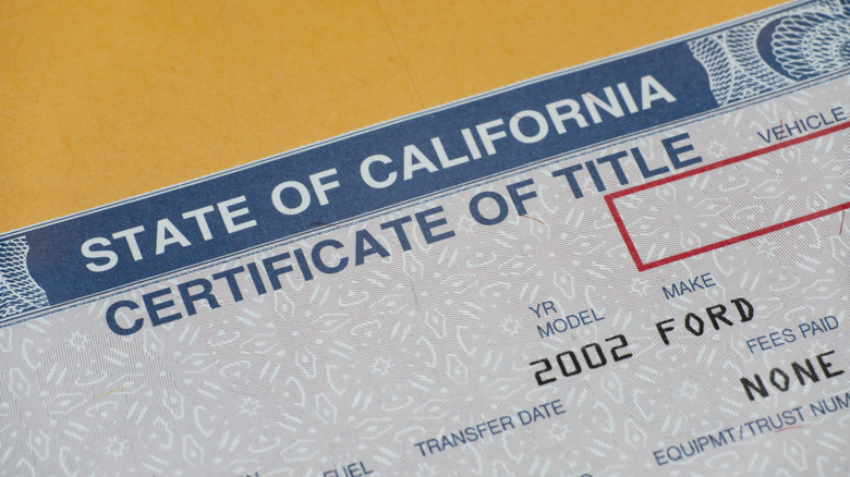 A California car title certificate.