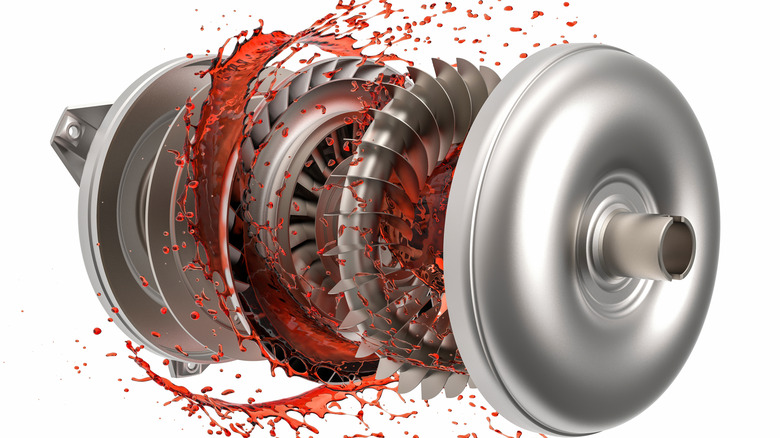 An exploded view of an automatic transmission's torque converter.