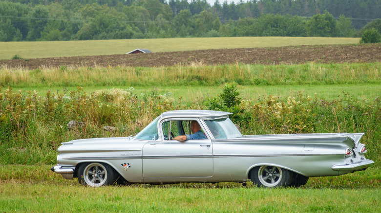 Silver colored El Camino parked in front of a meadow