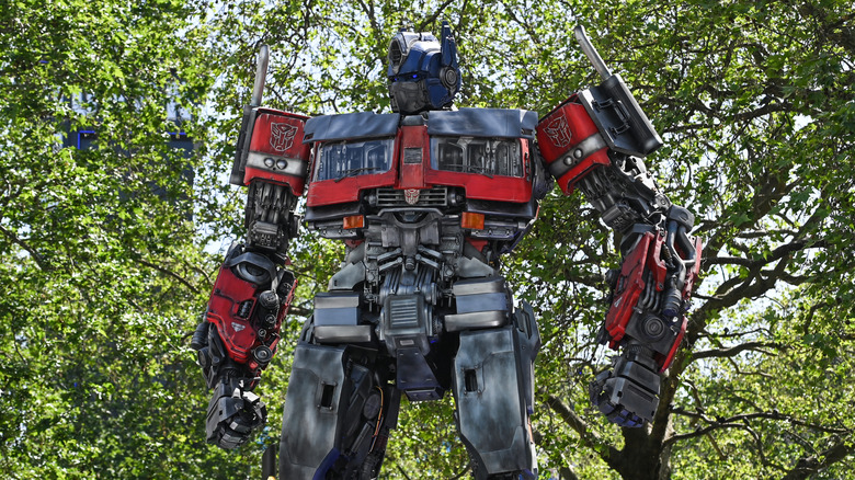 An Optimus Prime statue in England to celebrate the release of Transformers: Rise of the Beasts