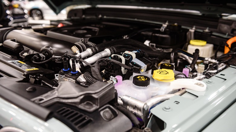 An engine in an engine bay.