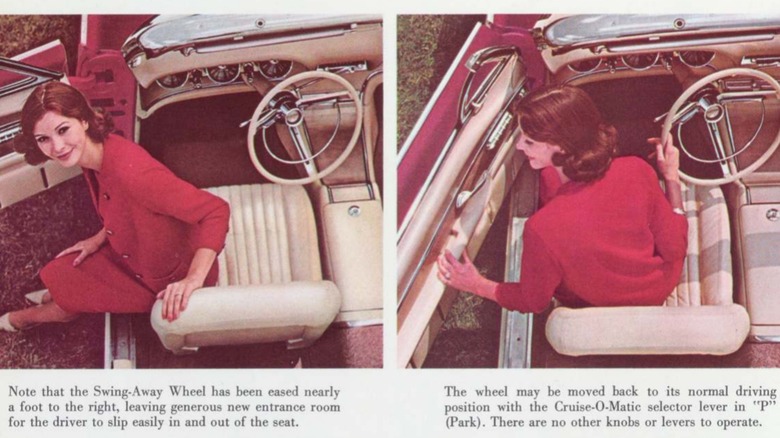 Two images looking into the 1961 Ford Thunderbird from the top with a young woman in a red dress demonstrating Ford's Swing-Away steering wheel.