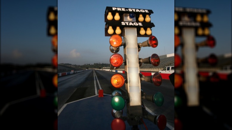 The Christmas Tree lights at a drag-strip starting line.