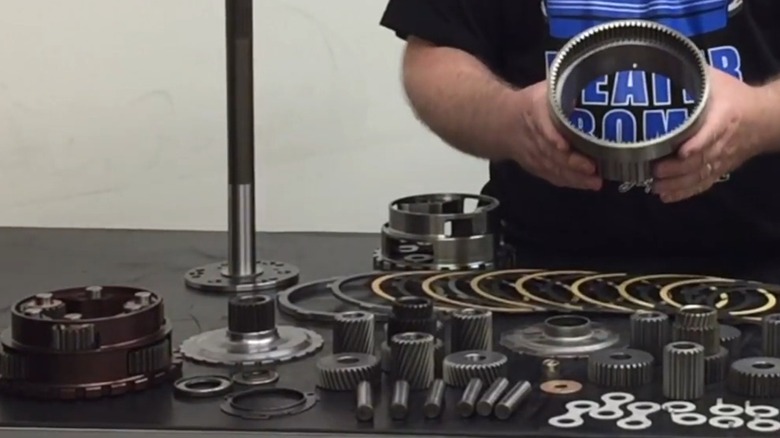 The internal components of a Hughes Performance Powerglide automatic transmission.