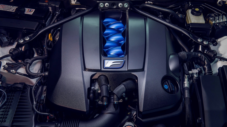 The 2020 Lexus RC F Track Edition's engine bay showing the 5.0-liter 2UR-GSE V8