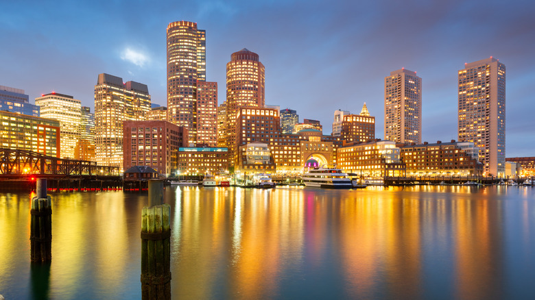 Boston, Massachusetts, USA downtown skyline at twilight.