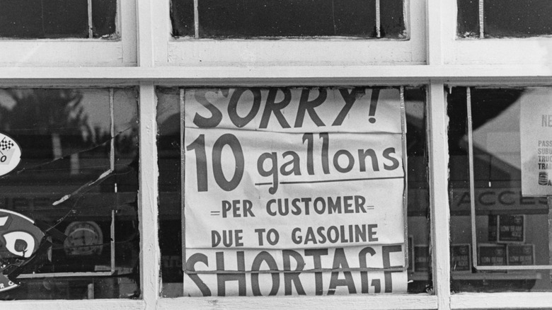 A window sign about rationing gas during the oil crisis in the 1970s