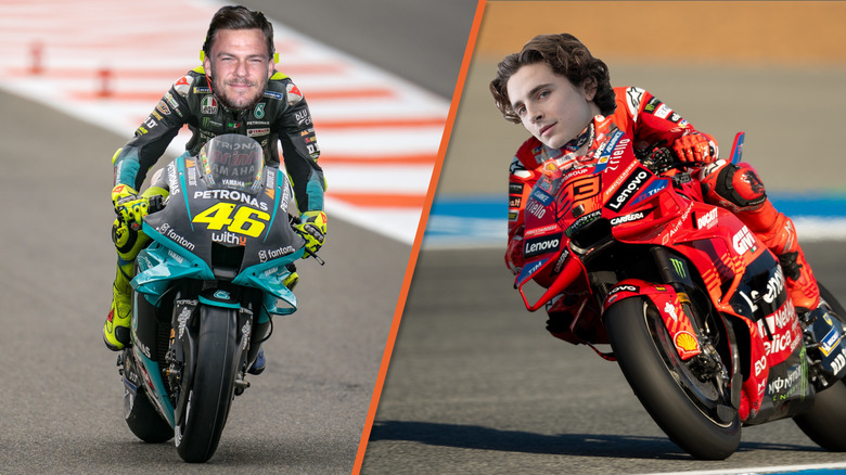 Alan Ritchson and Timoth&eacute;e Chalamet as dueling MotoGP riders